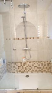 a shower with a glass door in a bathroom at Chambre de charme dans une propriété du 18ème in Roquettes +7 photos