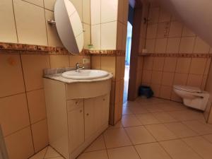 a bathroom with a sink and a toilet at Hotel Zieliniec in Poznań