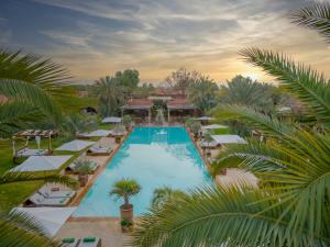 Domaine Des Remparts Hotel & Spa في مراكش: اطلالة علوية على مسبح المنتجع مع كراسي الصالة