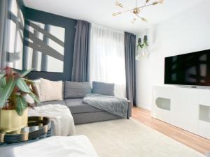 - un salon avec un canapé et une télévision dans l'établissement M-Style 02 Apartment mit Balkon 24h Self-Check-In, Free Parking, Netflix, à Nuremberg