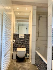 ein Badezimmer mit einem weißen WC und einer Dusche in der Unterkunft Am Dachsberg in Bad Saarow