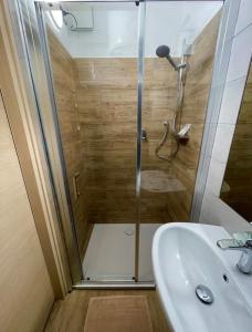 uma casa de banho com um chuveiro e um lavatório. em Perugia Home Apartment Pinturicchio em Perugia