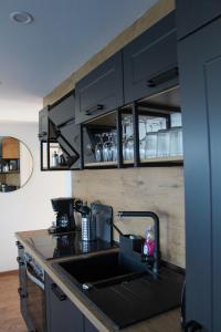 a kitchen with a sink and a counter top at Hausboot Wangermeer Nordsonne11 in Wangerland