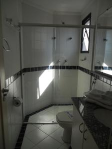 a bathroom with a toilet and a shower and a sink at Imperial Suzano Shopping Hotel in Suzano