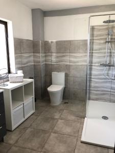 uma casa de banho com um WC, um chuveiro e um lavatório. em Casa Areias Boutique Apartments em Albufeira