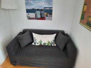 un sofá negro con una almohada encima en Verde Blu Lakefront Boutique Holiday Apartments Trevignano Romano en Trevignano Romano