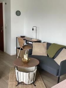 een woonkamer met een blauwe bank en een tafel bij Studio T à 5mn euro airport avec terrasse in Saint-Louis