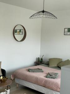 1 dormitorio con cama con espejo y mesa en Studio T à 5mn euro airport avec terrasse, en Saint-Louis