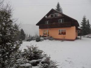 una casa en un patio cubierto de nieve con en Chata u Tata, en Mlynky 