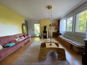 ein Wohnzimmer mit einem Sofa und einem Holzofen in der Unterkunft Einhornhaus in Schottwien