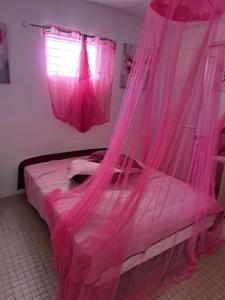 Una cama rosa con dosel en un dormitorio en location Maison Basse-Terre GUADELOUPE, en Basse-Terre