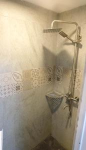een douche in een badkamer met een douchegordijn bij J & J Homestay in Coron