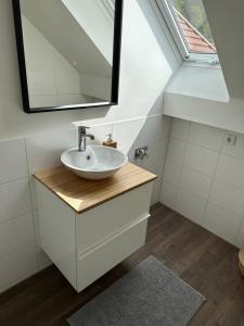 a bathroom with a sink and a mirror at Dachterrassenwohnung Katharinenschule in Eisenach +16 photos