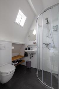 uma casa de banho com um chuveiro, um WC e um lavatório. em Achter de Kan em Den Bosch
