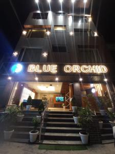 un edificio con un letrero azul subterráneo por la noche en HOTEL BLUE ORCHID - A 3 STAR HEAVEN IN Tricity, en Zirakpur