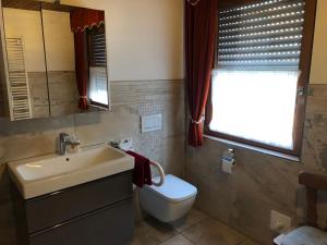 baño con lavabo y aseo y ventana en Ferienwohnung Moselblick, en Nittel