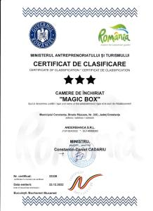 Certifikát, hodnocení, plakát nebo jiný dokument vystavený v ubytování Magic Box