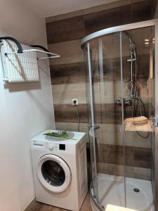łazienka z pralką i prysznicem w obiekcie Apartament u Ani we Wrocławiu