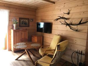 sala de estar con TV, mesa y sillas en Domek nieopodal rzeki Bug, en Klepaczew