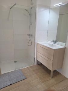 ein Bad mit einer Dusche, einem Waschbecken und einem Spiegel in der Unterkunft Superbes appartements neufs à Montpellier in Montpellier