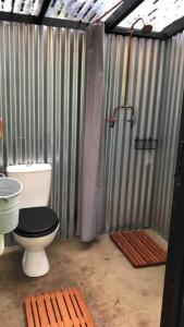 a bathroom with a toilet and a shower at The Warren - Cosy Shepherds Hut in beautiful wild meadow in Halesworth