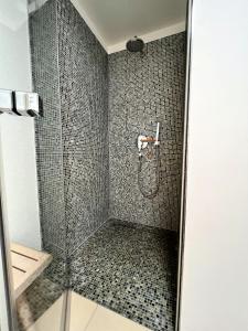eine Dusche mit Glastür im Badezimmer in der Unterkunft Prora Strand Appartement in Binz