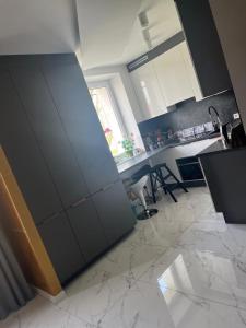 a kitchen with a large gray cabinet in a room at Apartament Dubaj in Gliwice