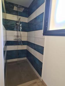 W łazience znajduje się prysznic z niebiesko-białymi paskami. w obiekcie PAUSE NATURE Maison Cosmos avec parking gratuit w mieście Lapeyrouse-Fossat