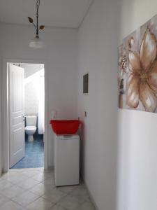 a bathroom with a red bowl on top of a toilet at Lefakis Aegean Breeze Apartment in Órmos