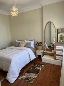 a bedroom with a large bed and a mirror at Cœur de ville in Kenitra