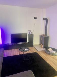 a living room with a tv and a fireplace at Zuzanittin domček in Rožňava