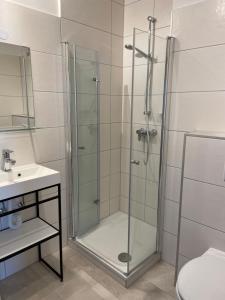 un bagno con doccia e lavandino di Wasserblick, in 3 Min am Strand a Heiligenhafen