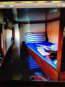 Schiff AHOY, Hotelschiff, Hausboot, Boot, Passagierschiff في شتوتغارت: غرفة نوم مع سرير بطابقين مع ملاءات زرقاء