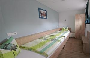 een slaapkamer met 2 bedden en groene en witte dekens bij 4 Sterne Ferienwohnung Sorbitztal in Rohrbach