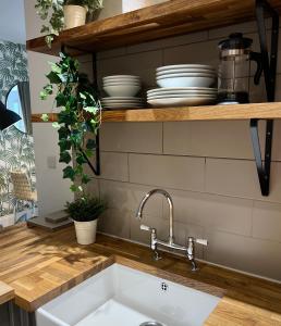a kitchen counter with a sink and plates on a shelf at The Courtyard, Manstone House in Kent