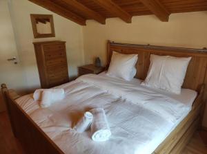 a bed with two pairs of socks on it at Attic Gem with Unbeatable Lake Moubra View in Crans-Montana