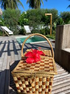 a wicker basket with a red flower in it at Tiki Pool's Bungalows in Fortim