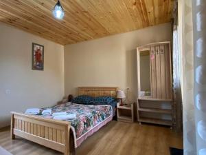 ein Schlafzimmer mit einem Bett und einer Holzdecke in der Unterkunft Guesthouse Venera in Mestia
