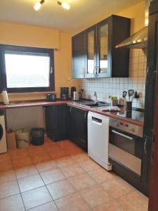 a kitchen with black cabinets and a white dishwasher at Ferienwohnung Varmissen in Dransfeld