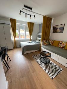 a bedroom with a bed and a couch at Harmony apartman in Donji Milanovac