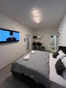 a bedroom with a large bed and a flat screen tv at Venite Rooms in Velika