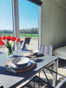 stół z talerzami, okularami i czerwonymi kwiatami w obiekcie Domki Zacisze odpocznij wśród natury w Wielkopolsce 