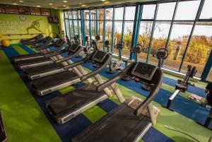 un gimnasio con un montón de cintas de correr. en Ferrycarrig Hotel, en Wexford