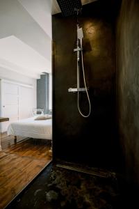 - une chambre avec un lit et une douche dans l'établissement L'Oasis - Charme et confort au centre-ville, à Albi