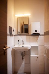 a bathroom with a sink and a mirror at Hotel zum Stern in Schweich +7 photos