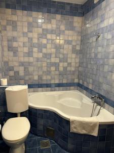 a blue tiled bathroom with a toilet and a tub at Hostel Museum in Koper