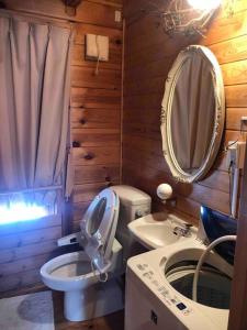 a bathroom with a toilet and a sink and a mirror at Aki in Hakuba