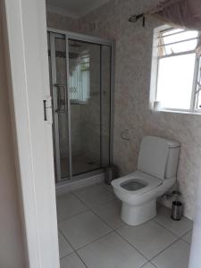 a bathroom with a toilet and a glass shower at 2 bedroomed apartment with en-suite and kitchenette - 2070 in Harare
