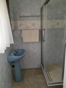 ein Badezimmer mit einem blauen Waschbecken und einer Dusche in der Unterkunft 2 bedroomed apartment with en-suite and kitchenette - 2068 in Harare