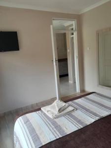 1 dormitorio con 1 cama grande y espejo en 2 bedroomed apartment with en-suite and kitchenette - 2068, en Harare